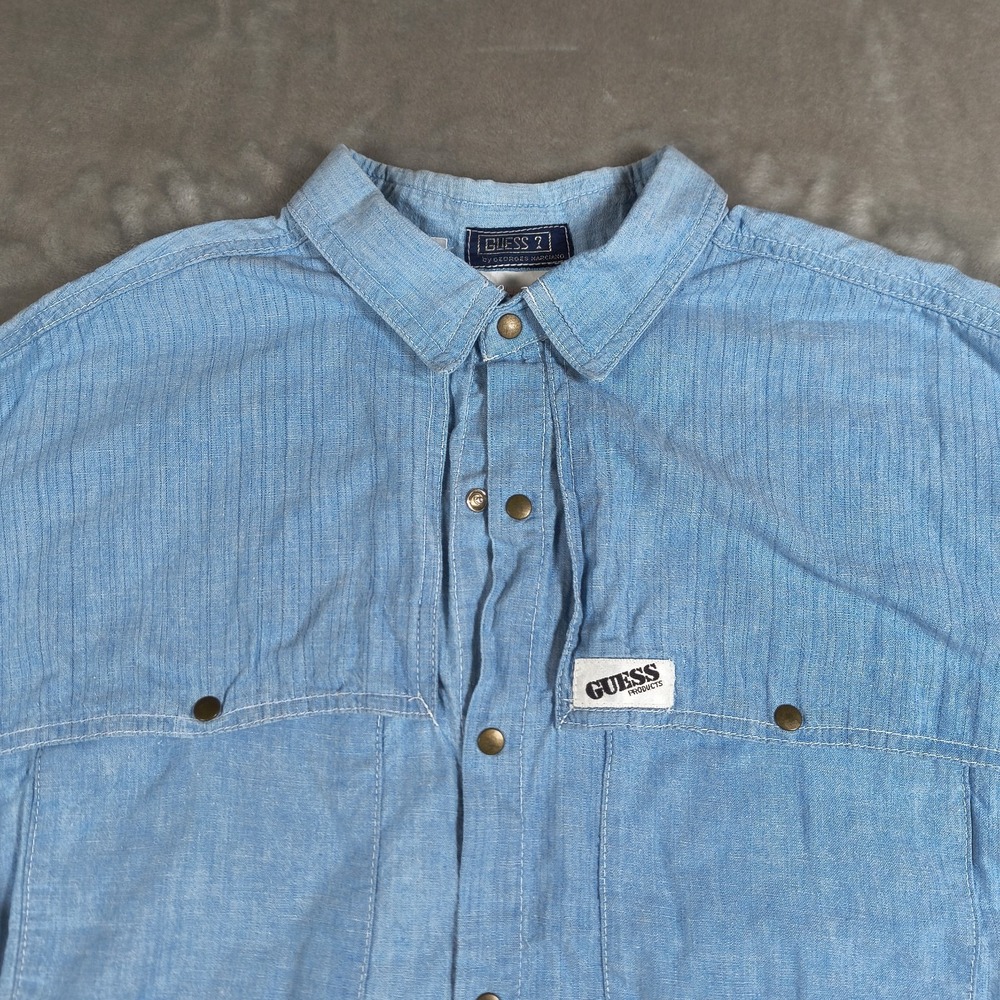 Vintage Guess Western Shirt Mens 1 Small Chambray Snap Button Workwear Rodeo